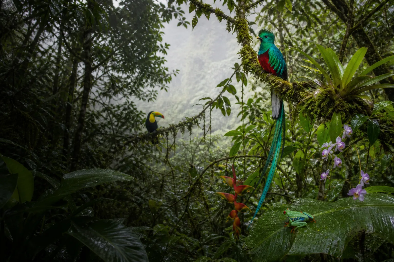 Quetzal, tucán, rana y plantas de un bosque nuboso centroamericano