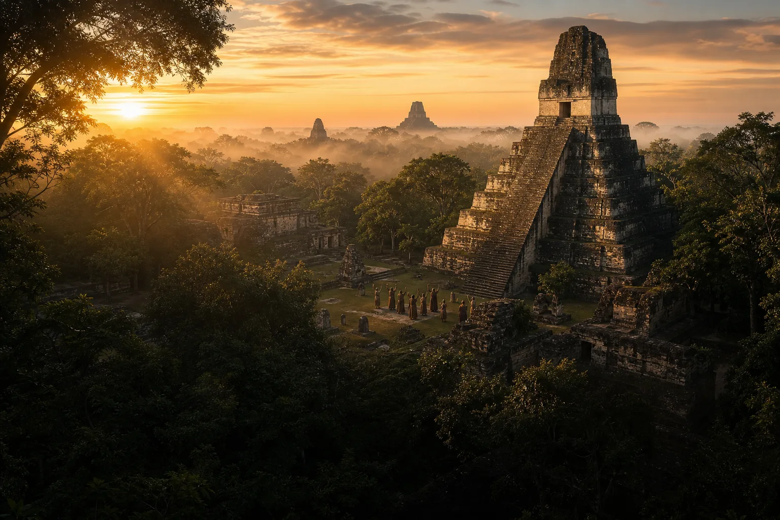 Templos mayas de Tikal emergiendo sobre la selva de Guatemala