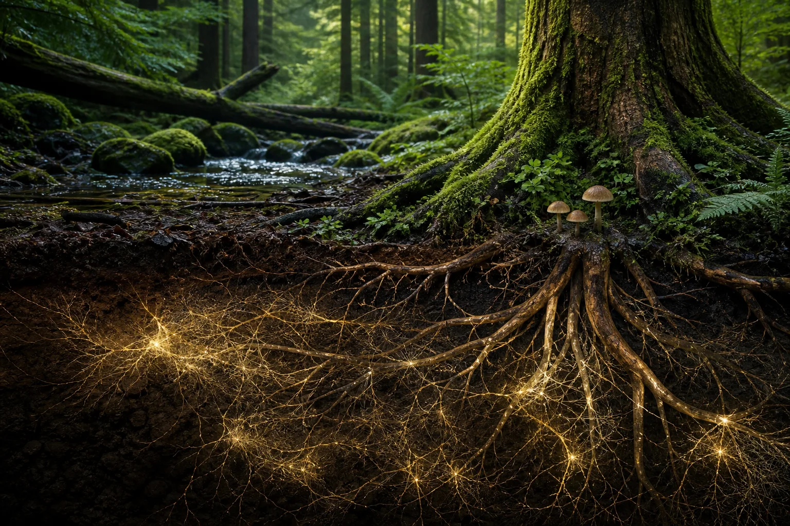 Raíces y hongos bajo un bosque