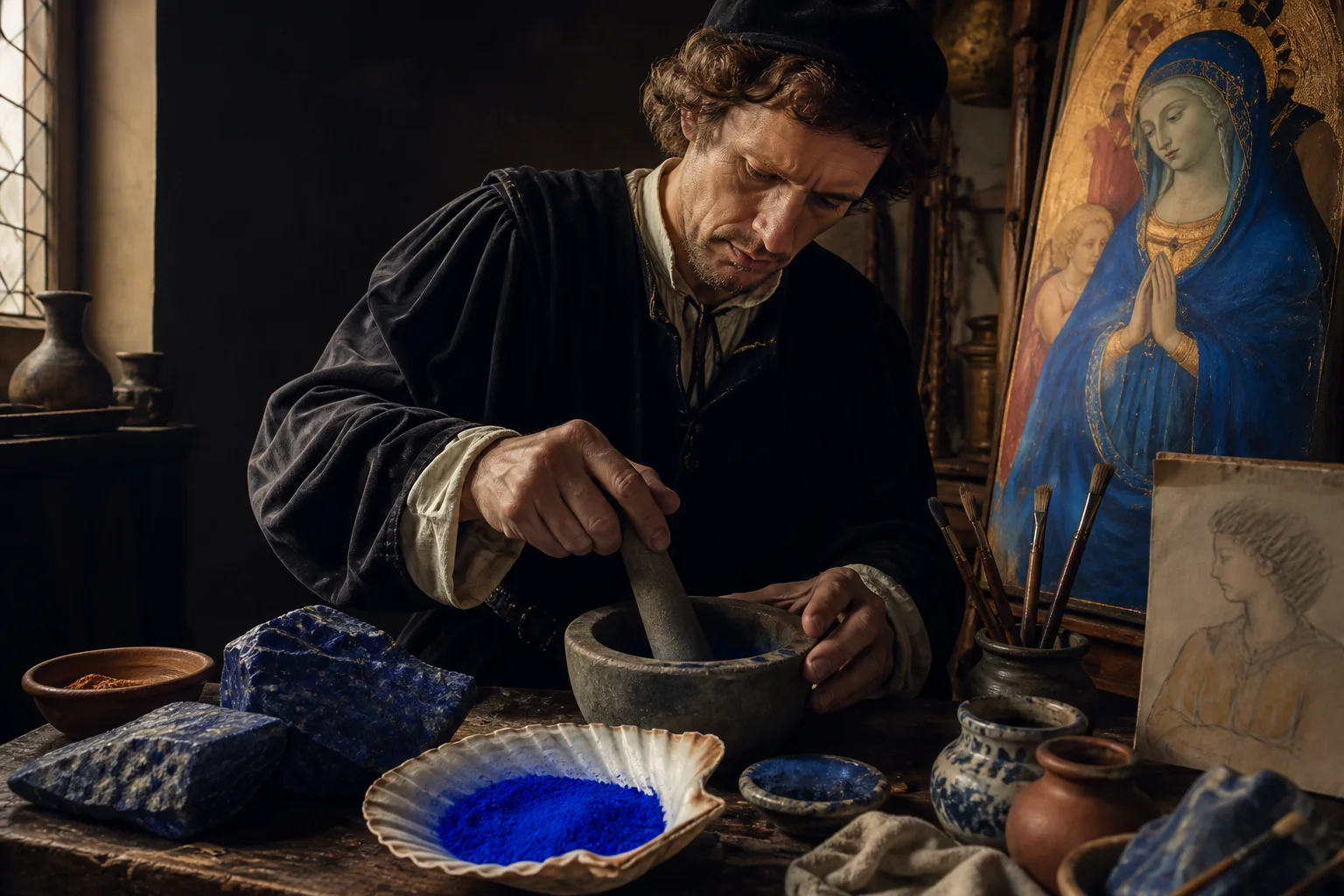 Artista preparando pigmento azul ultramarino